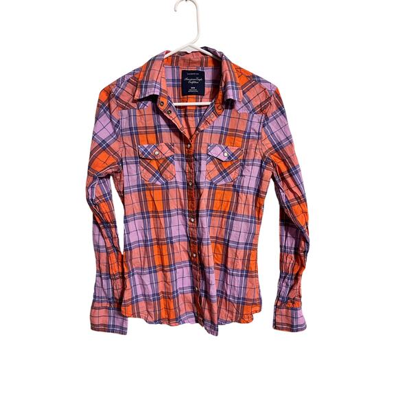 American Eagle 2012 Orange and Purple Plaid Button Down Shirt Size Medium - Picture 1 of 7